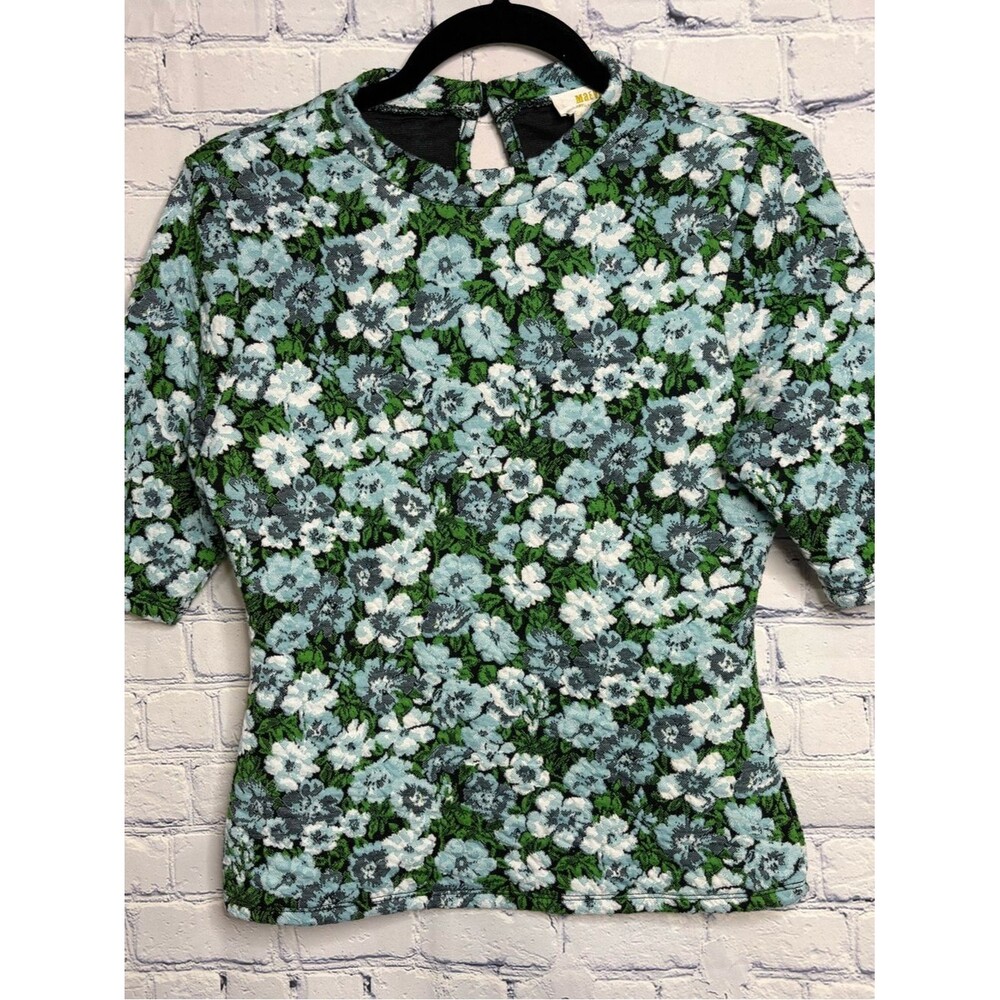 Maeve Anthro Blue Green Floral Cottagecore Short Sleeve Mock Neck Jacquard Top S